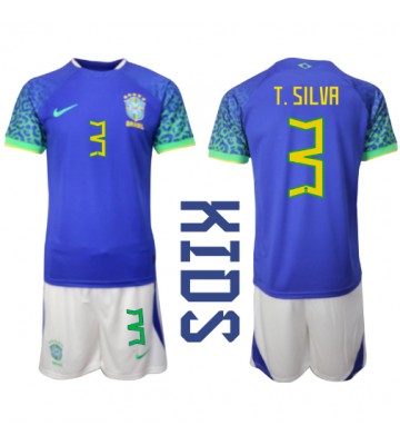 Brasilien Thiago Silva #3 Replika Babytøj Udebanesæt Børn VM 2022 Kortærmet (+ Korte bukser)